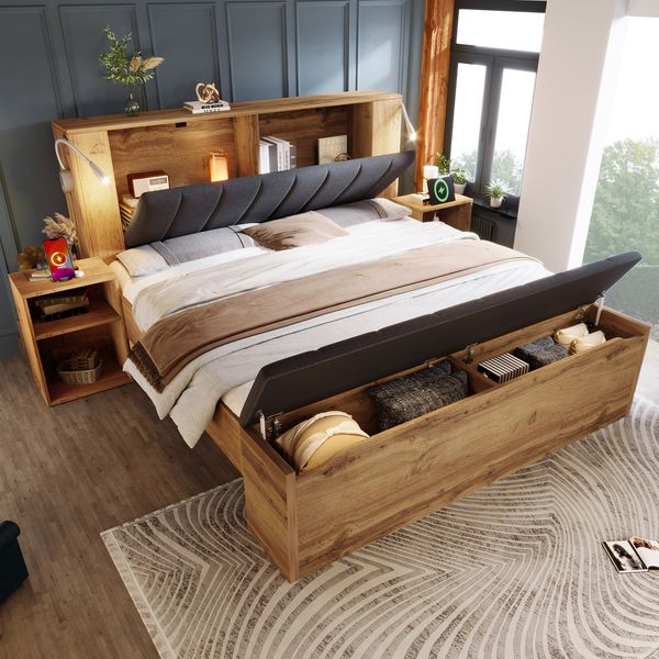 Polsterbett 160×200 cm aus Holz mit USB-Anschluss und Leselampen, eiche