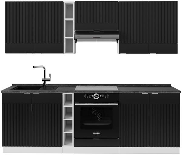 Küchenzeile Fame-Line Schwarz gestreift/Weiß 235 cm , AP Anthrazit Vicco