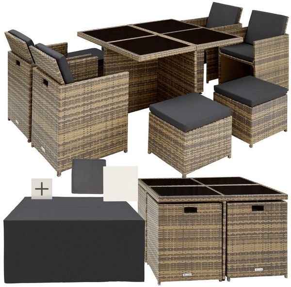 tectake Sitzgruppe Aluminium Rattan Gartenlounge für 4 bis 8 Personen, Inkl, (Loungeset Manhattan, 9-tlg, für Außen in Naturfarben), wetterfest und UV-beständig, 2 Bezugssets, mit Sicherheitsglasplatten