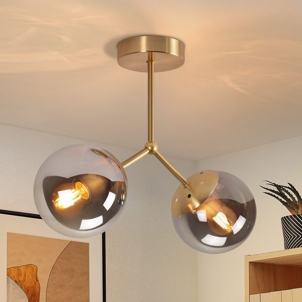 ZMH Deckenlampe Glas Deckenleuchte Flur: Vintage E27 Flurlampe Decke in Gold Kugelglas Deckenbeleuchtung 2 flammig Industrial Küchenlampe aus Metall für Küche - Ohne Leuchtmittel
