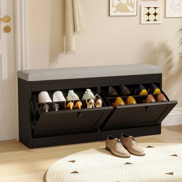 VOWNER Schuhschrank mit 2 Klappen, Sitzbank mit Sitzkissen 106 × 32 × 52 cm