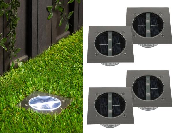 Solar LED Bodeneinbaustrahler 4er SET für Außen, Edelstahl 4-eckig 10x10cm, IP67