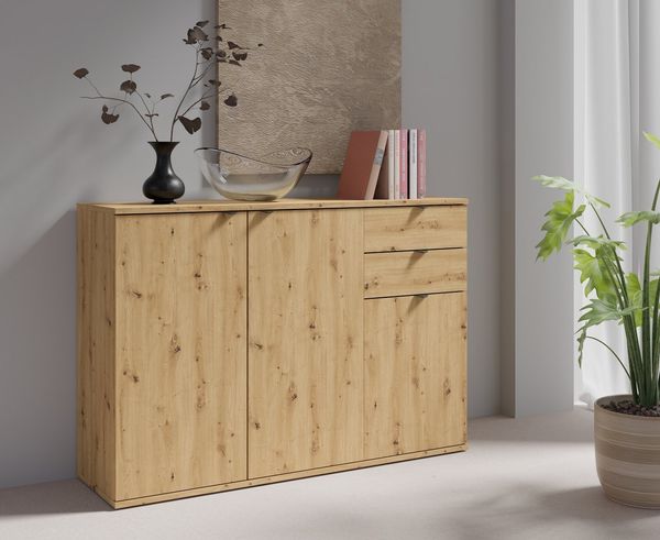 Raumhirsch Furniture Kommode Sideboard, Wohnschrank, Anrichte, praktisch Schrank (Maße: 120 x 35 x 82,5 cm (3-türig, 2 Schubladen), kompakt, pflegeleicht, stabile Konstruktion