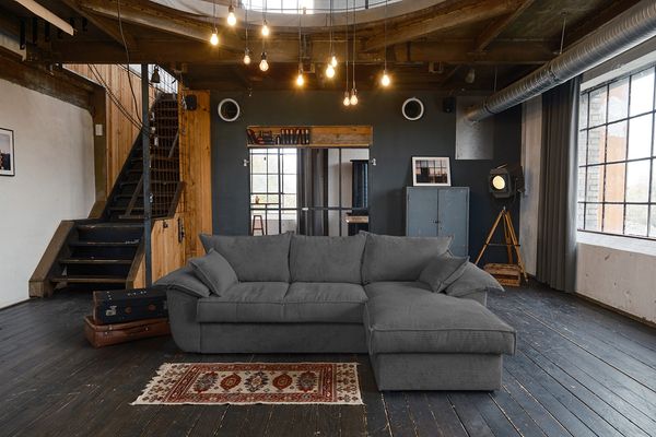 KAWOLA Sofa DAMETO Ecksofa Bettsofa Schlafsofa mit Stauraum Cord grau Recamiere rechts 77 x 174 x 266 cm