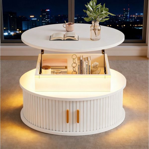 Merax Couchtisch hochglanz Sofatisch höhenverstellbar Beistelltisch mit LED-Beleuchtung (Versteckter Stauraum & Höhenverstellbare Tischplatte, 1-St), Runder Wohnzimmertisch mit 2 Rollladentüren & Stauraum, 75x75x52cm