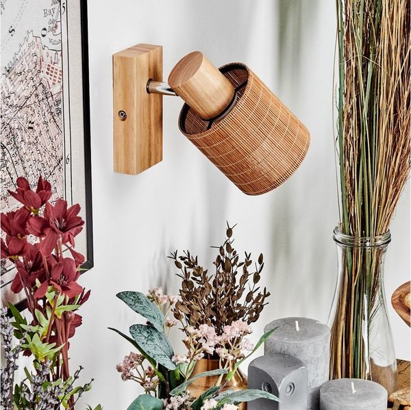 hofstein Wandleuchte Wandlampe aus Holz/Metall/Bambus in Natur/Chromfarben, verstellbare Wandleuchte im modernen Boho-Design (Schirm Ø 9 cm), E14