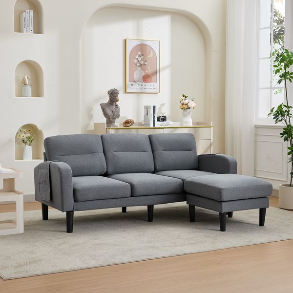 Merax 204cm Ecksofa, L-Form Sofa, 3-Sitzer mit Chaiselongue, kleines Ecksofa aus, An der Seite befindet sich eine Aufbewahrungstasche, 10 Sofabeine, Grau