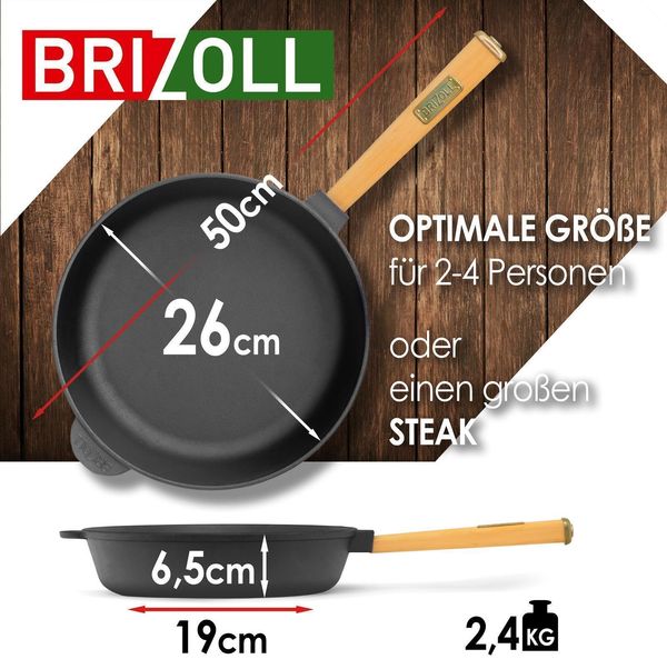 Ø26cm Gusseisenpfanne 65mm hoch mit Holzgriff und Glasdeckel Induktion Bratpfanne Bild 5