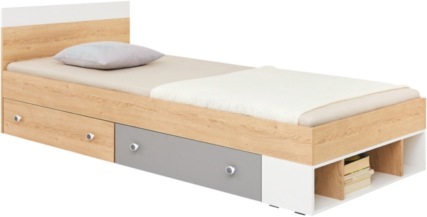 Jugendbett Pezru PX14/15 L/P (Farbe: Biskuit Eiche / Weiß Lux / Grau)