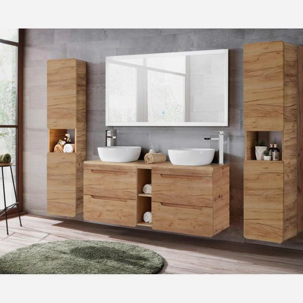 Badmöbel Komplett Set mit 141 cm Doppel-Waschtisch LUTON-56-CRAFT, Wotan Eiche Nb, B/H/T ca. 240/200/46 cm