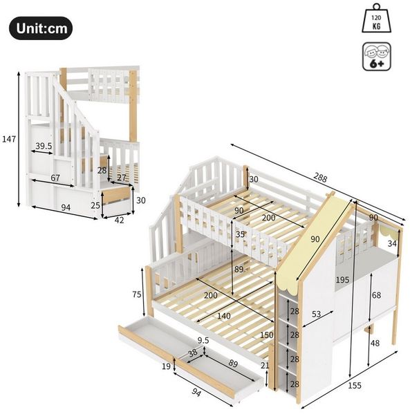Ulife Etagenbett 90 x 200 cm + 140 x 200 cm, Bettgitter, Aufbewahrungsleiter, unregelmäßig geformte Schutzleiste, Ohne Matratze, weiß + naturfarben