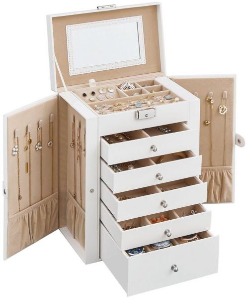 Songmics Schmuckkasten, Schmuckschatulle mit 6 Ebenen & seitlichen Klapptüren, MDF Natur, 15,6 x 26 x 32 cm