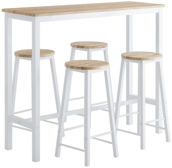 SoBuy OGT22-WN Bartisch-Set mit 4 Hockern, MDF, PVC-Furnier, Weiß, 120 x 100 x 40 cm