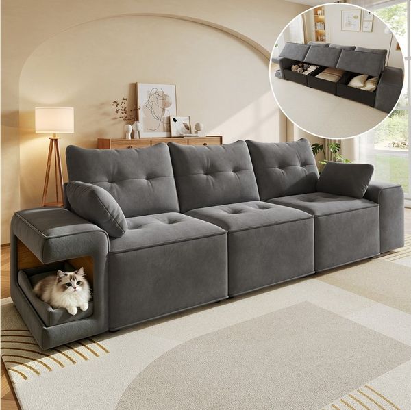 i@home 3-Sitzer Haustierfreundliche Sofa, breiten Armlehnen, Stauraum, Haustierbereich, mit zwei Kissen, Beige