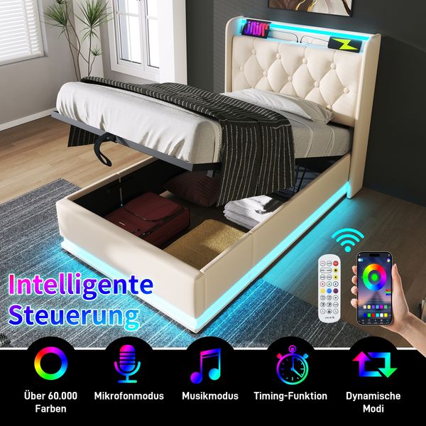 Novelux Smart-Bett 90x200 cm mit 360° LED, USB-C & Stauraum – Hydraulik-Polsterbett weiß PU, Eisenrahmen, inkl. Matratze (H3, 25 cm)