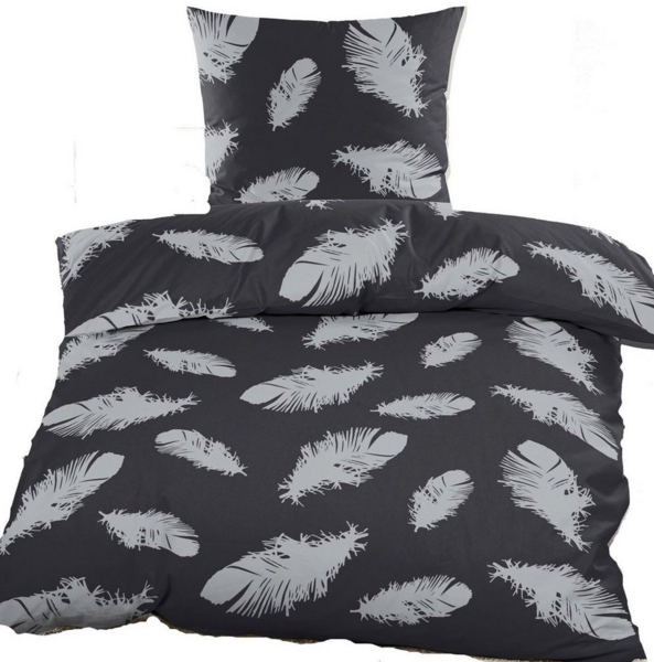 KH-Haushaltshandel Bettwäsche Biber Winter Bettwäsche 135x200 + 80x80 cm, grau silber, Biber, 2 teilig, mit Federn gemustert, flauschig weich und warm