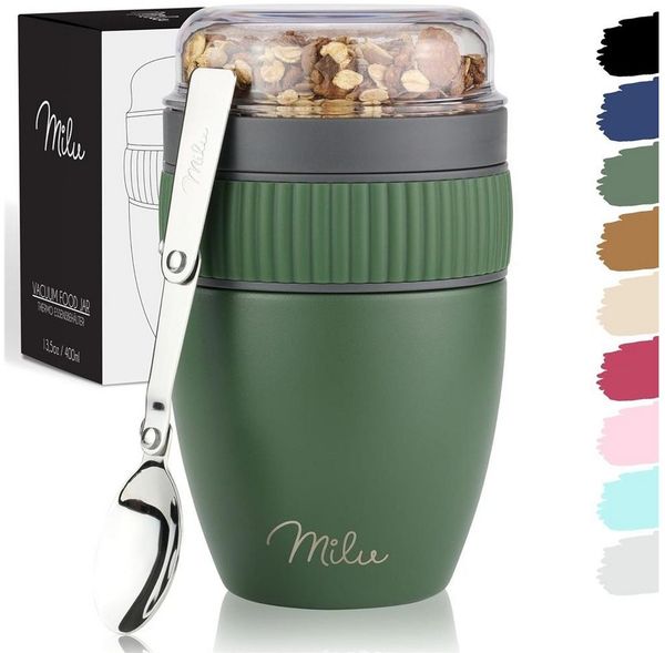 Milu Müslibox Müslibecher To Go Edelstahl 400 ml, isoliert, auslaufsicher, Müslimax Set