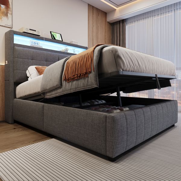 Polsterbett 140*200 cm, mit LED-Beleuchtung und USB-Steckdose, Kopfteil mit Ablagen und Stauraum, mit hydraulischem Stauraum mit Ablagefächern, Doppel-Erwachsenenbett mit Lattenrost, Leinenstoff Grau