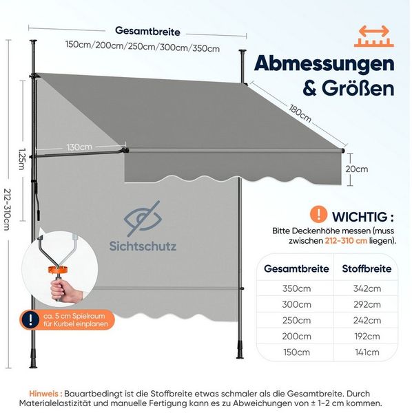 Sekey Klemmmarkise Markise für balkon mit Kurbel Sonnenschutz ohne Bohren UV-beständig B x H: 150 x 212-310 cm, Hellgrau