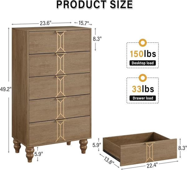 GarveeMore Kommode mit 5 Schubladen,Sideboard aus Holz mit Metallgriffe,60x40x125cm, Schubladenkommode Mehrzweckschrank Flurschrank für Schlafzimmer Büro