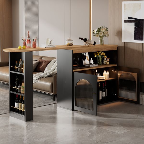 Bartisch aus MDF/Spanplatte, drehbar & ausziehbar mit Stauraum, 138-193x39x105 cm, Schwarz