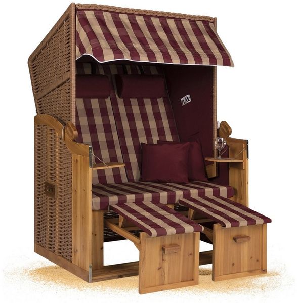 Strandkorb Hanse Strandkorb Strandkorb Ostsee Burgund B rot kariert aufgebaut, BxTxH: 120x80x160 cm, Volllieger, Ostsee-Modell, Stabiles Wacholder mit handgefertigtem Polyrattangeflecht