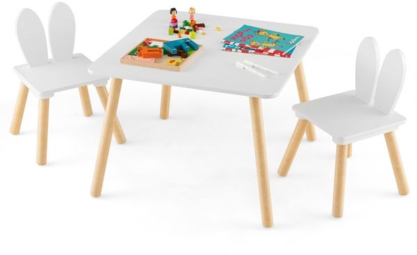 Kindertisch mit 2 Stühlen 3TLG. Kindersitzgruppe mit Massivholzbeine & Hasenohren Rückenlehne