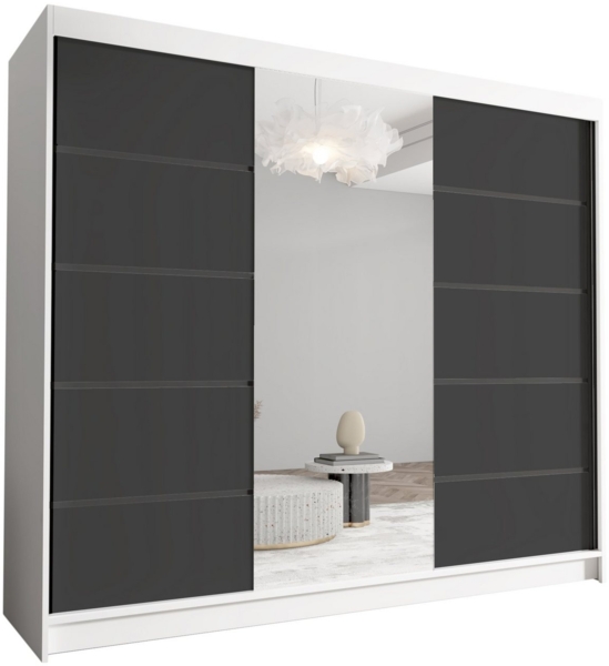 Schwebetürenschrank Netro VI 250 cm mit Spiegel - Groß Kleiderschrank, Schiebetürenschrank mit Kleiderstange und Einlegeboden, Schlafzimmerschrank, Schiebetüren, 250x215x58 cm (Weiß/Schwarz)