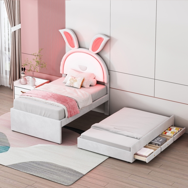 Polsterbett 90x200 cm mit Ausziehbett und LED-Beleuchtung, aus Samt, Hasenform, beige Bild 2