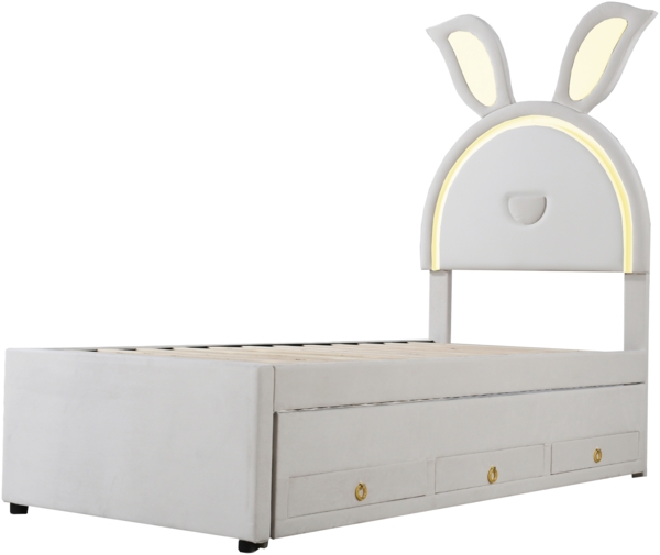 Polsterbett 90x200 cm mit Ausziehbett und LED-Beleuchtung, aus Samt, Hasenform, beige Bild 9