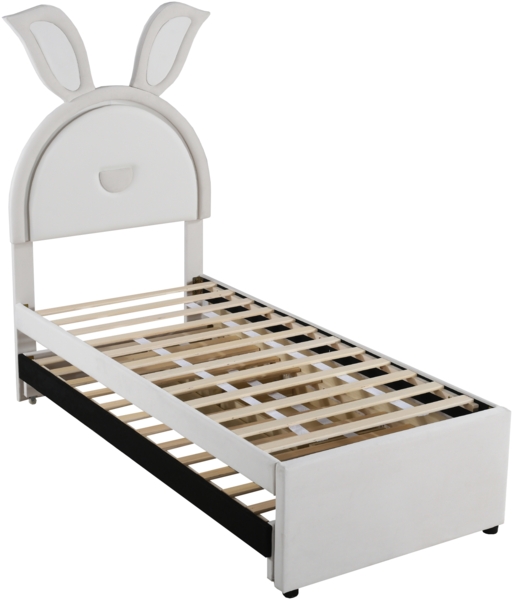 Polsterbett 90x200 cm mit Ausziehbett und LED-Beleuchtung, aus Samt, Hasenform, beige Bild 7