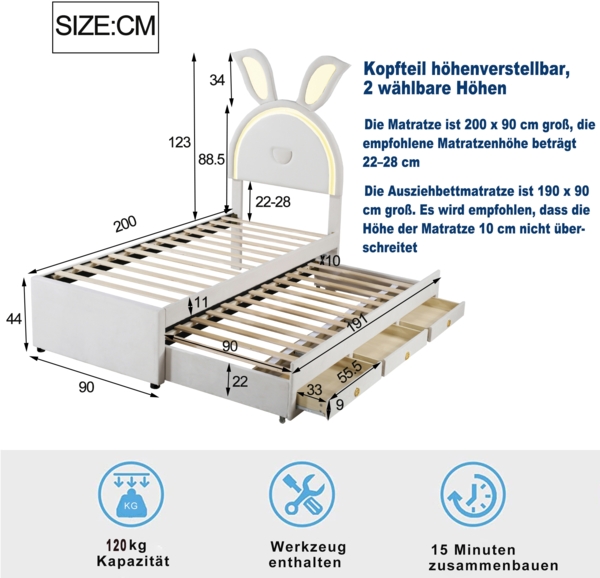 Polsterbett 90x200 cm mit Ausziehbett und LED-Beleuchtung, aus Samt, Hasenform, beige Bild 6