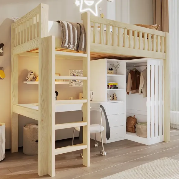 Hochbett mit Schreibtisch, Schubladen, Kleiderschrank, Regal und Rausfallschutz, 90x200 cm, Kinderbett, Kiefer