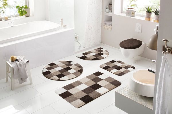 Grund Badematte Mosaik, Badvorleger, Badezimmer Teppich, sehr weich, Höhe 20 mm, rutschhemmend beschichtet, fußbodenheizungsgeeignet, Kunstfaser, rund, angenehm weich, auch als 3 teiliges Set erhältlich, Made in Europe