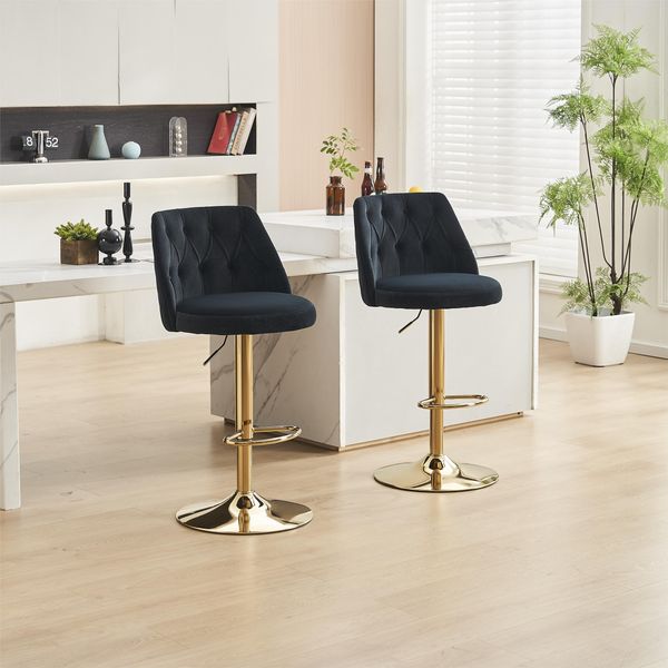 Moderner Barhocker,kann Samt Barhocker mit verstellbarer Höhe drehen getufter Hocker mit Rückenlehne und Fußstütze geeignet für Hausbars Küchen und Bararbeitsplatten,Samt,Black,