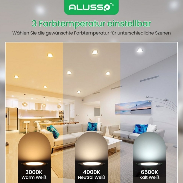 ALUSSO LED Einbaustrahler 6er-Set, Decken Leuchte, Flach Strahler für Bad, Wohnzimmer, 230V, 10W, 125-135 mm, Rund, Nickel Bild 2