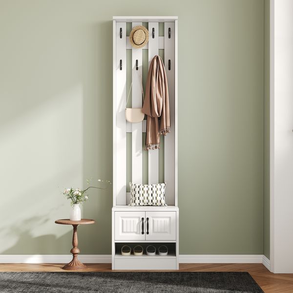 Merax Schuhbank, Schuhschrank,Flurmöbel, mit 2 Türen, mit Rückwand mit 8 Haken, weiß