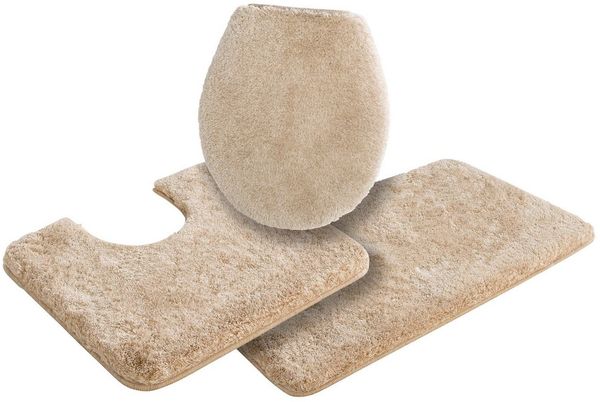 Grund Badematte Melos, Badvorleger, Badezimmer Teppich, sehr weich, Höhe 27 mm, rutschhemmend beschichtet, fußbodenheizungsgeeignet, Kunstfaser, rechteckig, 3-tlg. Stand-WC Set, melierte Optik, sehr weicher Flor, Melange-Effekt, Made in Europe