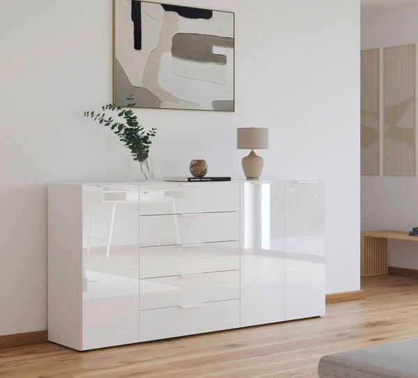 rauch Kommode Flipp, 3-türig, 5 Schubladen, Soft-Close-Funktion, Oberboden und Front Glas