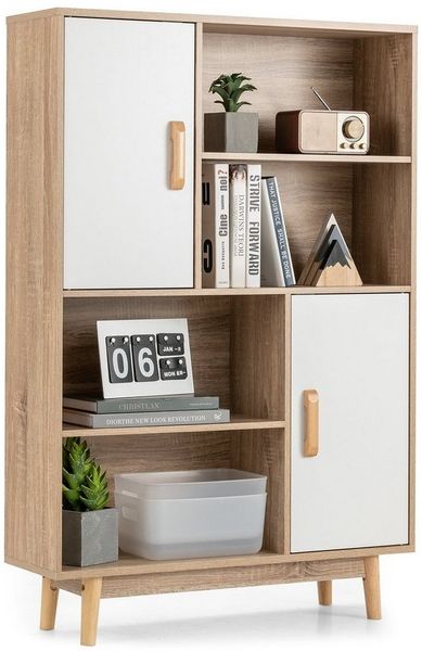 COSTWAY Bücherschrank mit 2 Türen und 4 offene Regale, Bücherregal Holz, Standregal Holzregal Aufbewahrungsregal für Wohnzimmer, Arbeitszimmer 80 x 24 x 119,5 cm (Weiß)