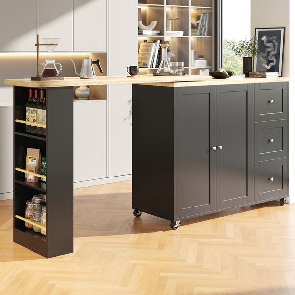 Bartisch aus MDF, 360° drehbar mit Rollen & Stauraum, 135-203x39x106 cm, Schwarz