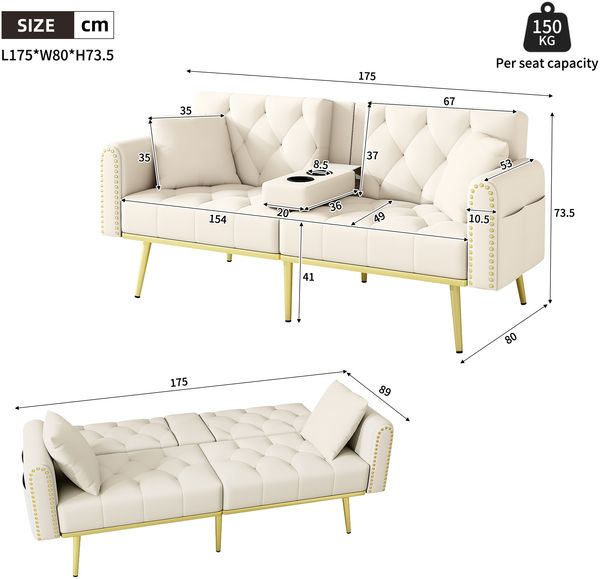 Schlafsofa mit 3-fach verstellbarer Rückenlehne und Getränkehalter, Velours, 175x80x73,5 cm, Beige Bild 10
