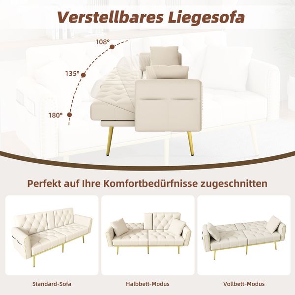 Schlafsofa mit 3-fach verstellbarer Rückenlehne und Getränkehalter, Velours, 175x80x73,5 cm, Beige Bild 6