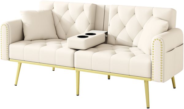 Schlafsofa mit 3-fach verstellbarer Rückenlehne und Getränkehalter, Velours, 175x80x73,5 cm, Beige Bild 8