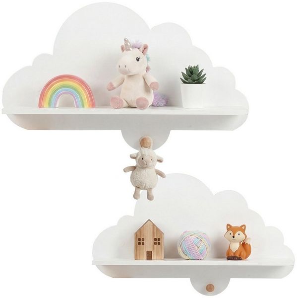 COSTWAY Kinderregal, 2-tlg, Schweberegal im Wolkenform aus Massivholz, mit Haken