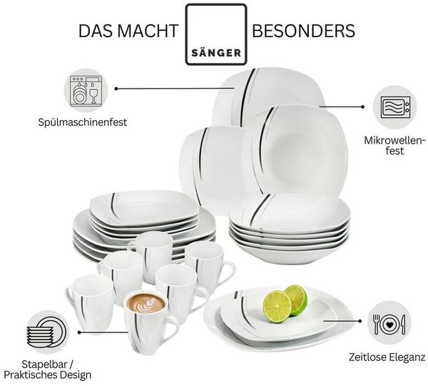 SÄNGER Tafelservice Bilgola Black Lines Geschirrset, Weiß (24-tlg), 6 Personen, Porzellan, Premium Collection Bild 4