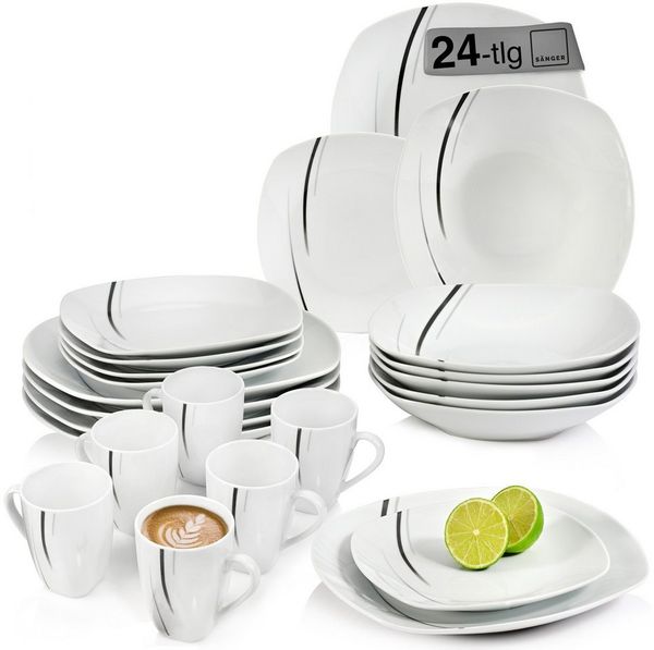 SÄNGER Tafelservice Bilgola Black Lines Geschirrset, Weiß (24-tlg), 6 Personen, Porzellan, Premium Collection Bild 2