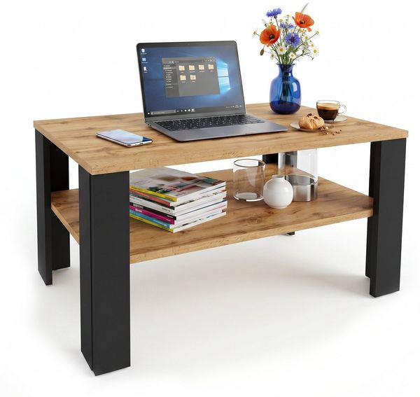 TREND WERK Couchtisch mit zusätzlicher Ablagefläche in 53×53×47 cm und 92×50×45 cm (Moderner Wohnzimmertisch im Retro Loft Design), Stabiler Beistelltisch für Wohnzimmer, Büro & Lounge