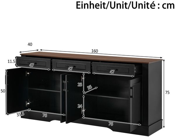 Merax Wohnzimmerschrank, Sideboard, 3D-vertikale Streifen, 3 Schubladen, 4Türen, Korpus aus MDF, Schwarz Bild 4