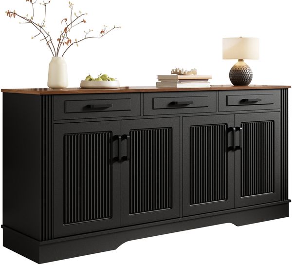 Merax Wohnzimmerschrank, Sideboard, 3D-vertikale Streifen, 3 Schubladen, 4Türen, Korpus aus MDF, Schwarz Bild 10